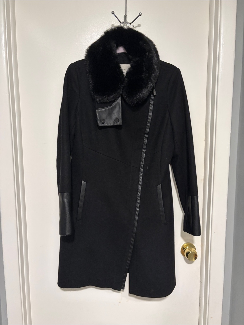 Rachel Roy Black Women's Wool-Blend Coat with Faux Fur Collar and Leather detail